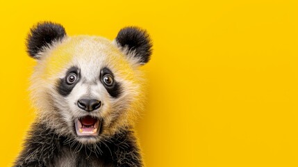 Fototapeta premium A black-and-white panda with an open mouth and widened eyes, expressing surprise, against a yellow backdrop
