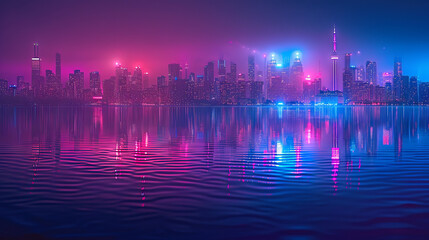 Toronto skyline reflected in a lake. Futuristic cityscape with vibrant pink and blue neon lights reflecting on water. Cyberpunk urban skyline at night. Science fiction and future city concept. 