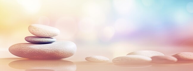 Healing, spa relaxing and mental health banner with smooth stones stacked in arrangement on soft multicolored backdrop, epitomizing meditation and pursuit of inner peace in modern wellness culture