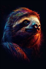 Fototapeta premium A vibrant painting of a slotted bear against a black backdrop, surrounded by red, blue, and yellow hues