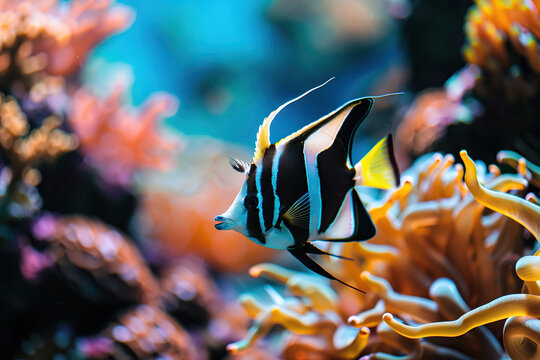 Moorish idol fish in aquarium with blue water and corals
