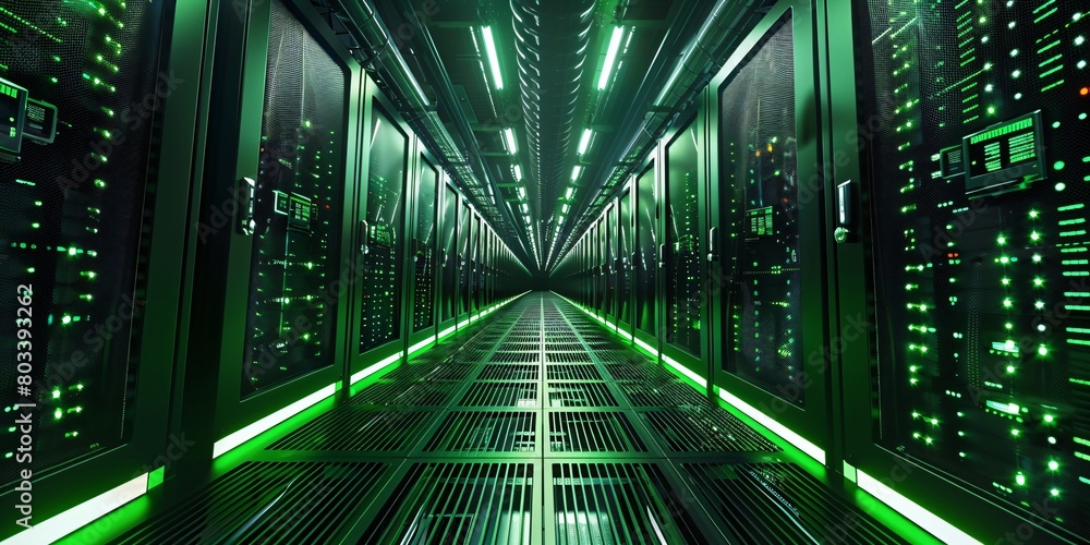 Poster high-tech data center with rows of glowing green and black server cabinets, illuminated by bright
