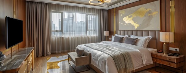 A large bedroom with an elegant headboard, modern furniture and drapes, a window showing the cityscape outside