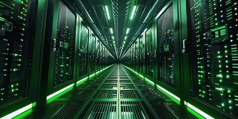 High-tech data center with rows of glowing green and black server cabinets, illuminated by bright 