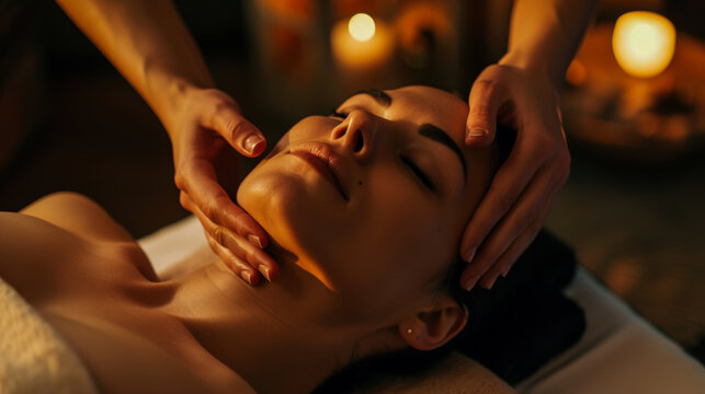 Masseuse giving facial massage to client in spa