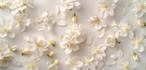 An array of delicate, white jasmine flowers, their petals open and inviting, scattered loosely...