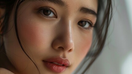Asian woman, flawless skin, closeup studio shot, natural makeup look, gentle lighting, soft focus