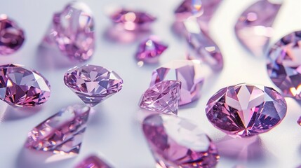 Assortment of pink diamonds in various cuts displayed on a pristine white surface, high contrast lighting, focus on gem quality