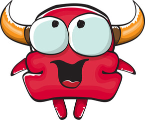 Fototapeta premium Vector cartoon funny red monster with mouth, eyes and horn isolated on white background. Smiling red cartoon monster print sticker design template. Ghost, troll, gremlin, goblin, devil and monster