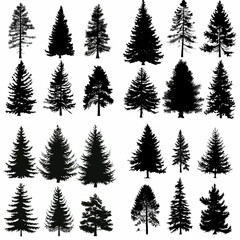 black tree silhouette set pure badge eco outline recreation breath emblem label protection graphic pine trunk woodland