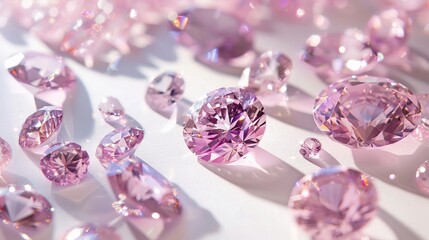 Assortment of pink diamonds in various cuts displayed on a pristine white surface, high contrast lighting, focus on gem quality