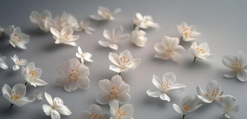 An array of delicate, white jasmine flowers, their petals open and inviting, scattered loosely...