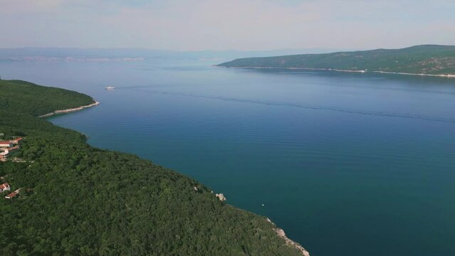 Drone view of the Adriatic Sea and Cres island from a hill Istria peninsula, Croatia