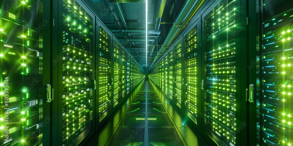 Poster high-tech data center with rows of glowing green and black server cabinets, illuminated by bright
