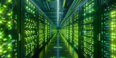 High-tech data center with rows of glowing green and black server cabinets, illuminated by bright 
