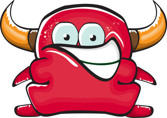 Vector cartoon funny red monster with mouth, eyes and horn isolated on white background. Smiling red cartoon monster print sticker design template. Ghost, troll, gremlin, goblin, devil and monster