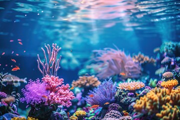 Aquarium with corals, reefs and blue water