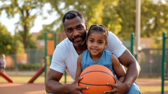 Black american man and young girl playing basketball on a court, father and daughter spending time together on sunny day, family bond, relationships - Powered by Adobe