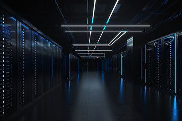 3D Render of Data Technology Center Server Racks in Dark Room with VFX.