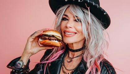 Senior woman enjoying tasty hamburger in portrait against soft colored background with room for text