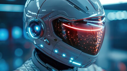 Close-up on a smart helmet with built-in communication devices, focused on the side controls, clear and crisp lighting