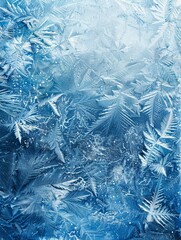 Closeup of intricate frost patterns on glass - This image showcases a detailed texture of naturally formed frost patterns on glass, emulating a frosty winter feel