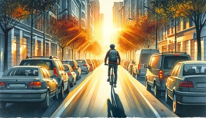 A cyclist riding through a bustling city street at sunset.