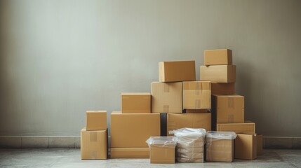 A pile of cardboard boxes stacked on the white floor against the wall