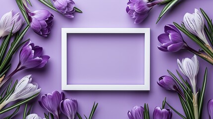 Photo frame with a composition of crocus flowers on a light purple background