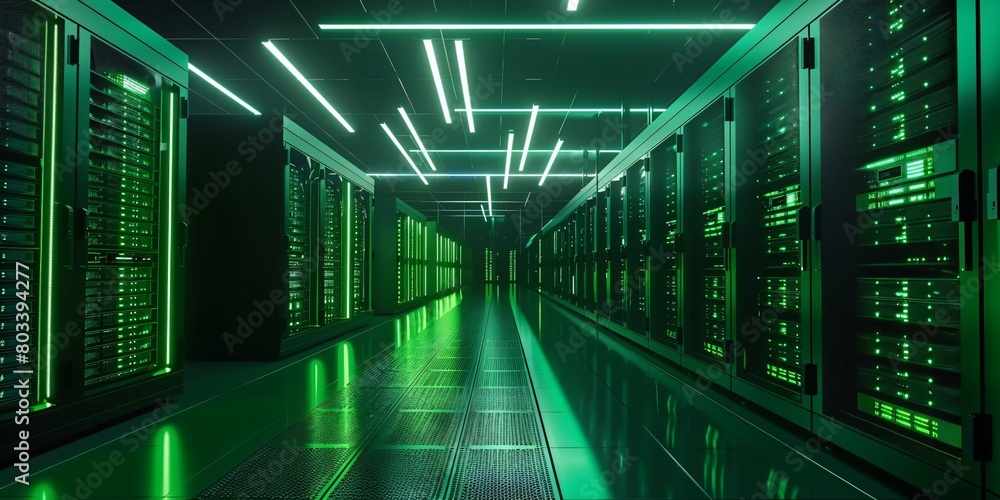 Poster high-tech data center with rows of glowing green and black server cabinets, illuminated by bright