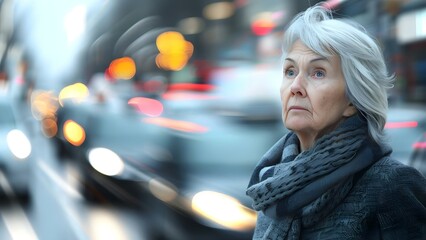 An elderly woman anxiously maneuvering through crowded city streets. Concept Elderly, Anxiety, City Streets, Crowds, Navigation