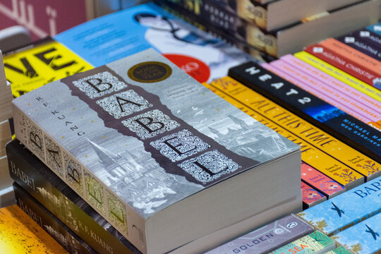 Close-up R. F. Kuang's Babel book in the bookstore.