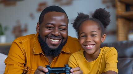 Happy afro family father and little daughter playing videogame in bedroom at home