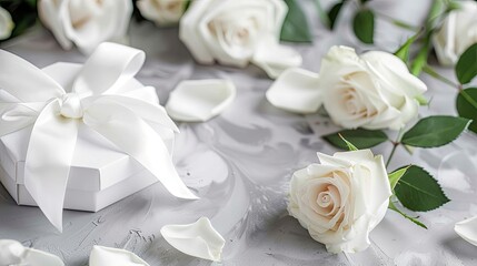 a hexagon gift box adorned with a white bow, resting on a table adorned with delicate white roses.