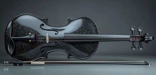 A panoramic shot of a glossy, ebony black violin and bow, set against a deep, pewter gray background.