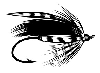 Hook. Fly fishing for trout. Logo for fishing store or equipment. Black and white fishing lure.