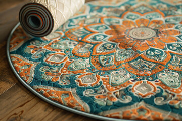 Close up colorful prayer mat for Muslim people