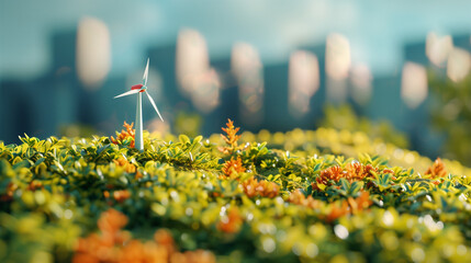 miniature wind turbine in the midst of green nature, visualizing renewable energy and sustainability, created with generative AI technology