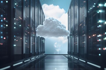 Floating cloud in a futuristic data center corridor. Digital illustration of cloud computing and data storage concept.