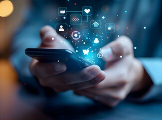 Businessman using smartphone with digital icons representing business growth, marketing and online connection on a blurry background