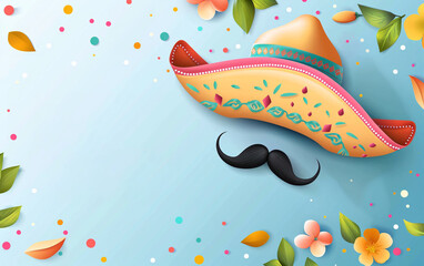 Sombrero and Mexican mustache on blue  background. Festive banner with copy space. Cinco de mayo. Dia de Los Muertos. Flat cartoon template design for Traditional Mexican culture holiday.