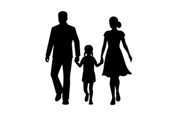 Husband, wife and kid walking silhouette in black color