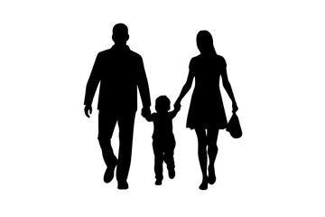 Husband, wife and kid walking silhouette in black color