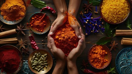 Indian recipes, showcasing vibrant spices, aromatic rice, and mouthwatering dishes arranged on a...