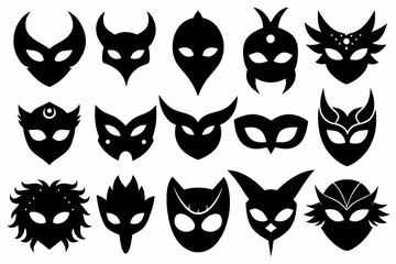 A Set of 27pcs different masquerade mask black Silhouette Design with white Background and Vector Illustration
