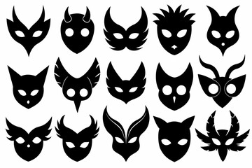 A Set of 27pcs different masquerade mask black Silhouette Design with white Background and Vector Illustration