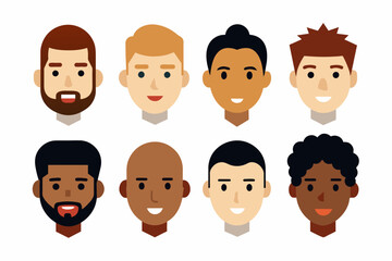 A Set of 8pcs different male face of different races Design with white Background and Vector Illustration