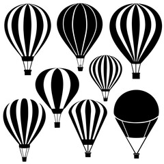 A Set of 27pcs hot air balloons black Silhouette Design with white Background and Vector Illustration