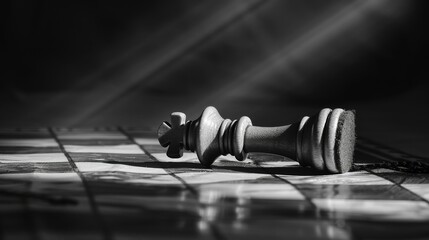 Dramatic black and white image of a fallen king chess piece, symbolic of defeat or strategy, with a stark shadow