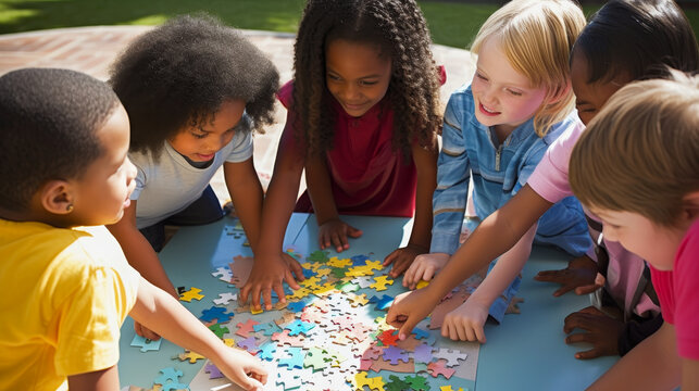 A diverse group of kids assembling a puzzle on the ground. - Powered by Adobe